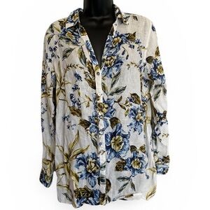 Joie Floral Button-Down Linen Shirt in Blue and Cream Size M